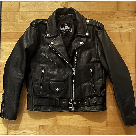 VTG Raider Biker Leather Motorcycle Jacket Black SilverHarley Davidson Patch 8 - Picture 1 of 8